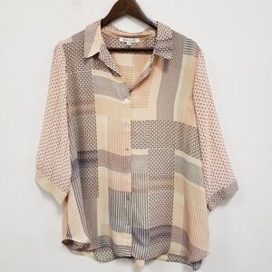 Rose + Olive Womens 3/4 Sleeve Artsy Button Up Top Sizie 1X Pink Office Church